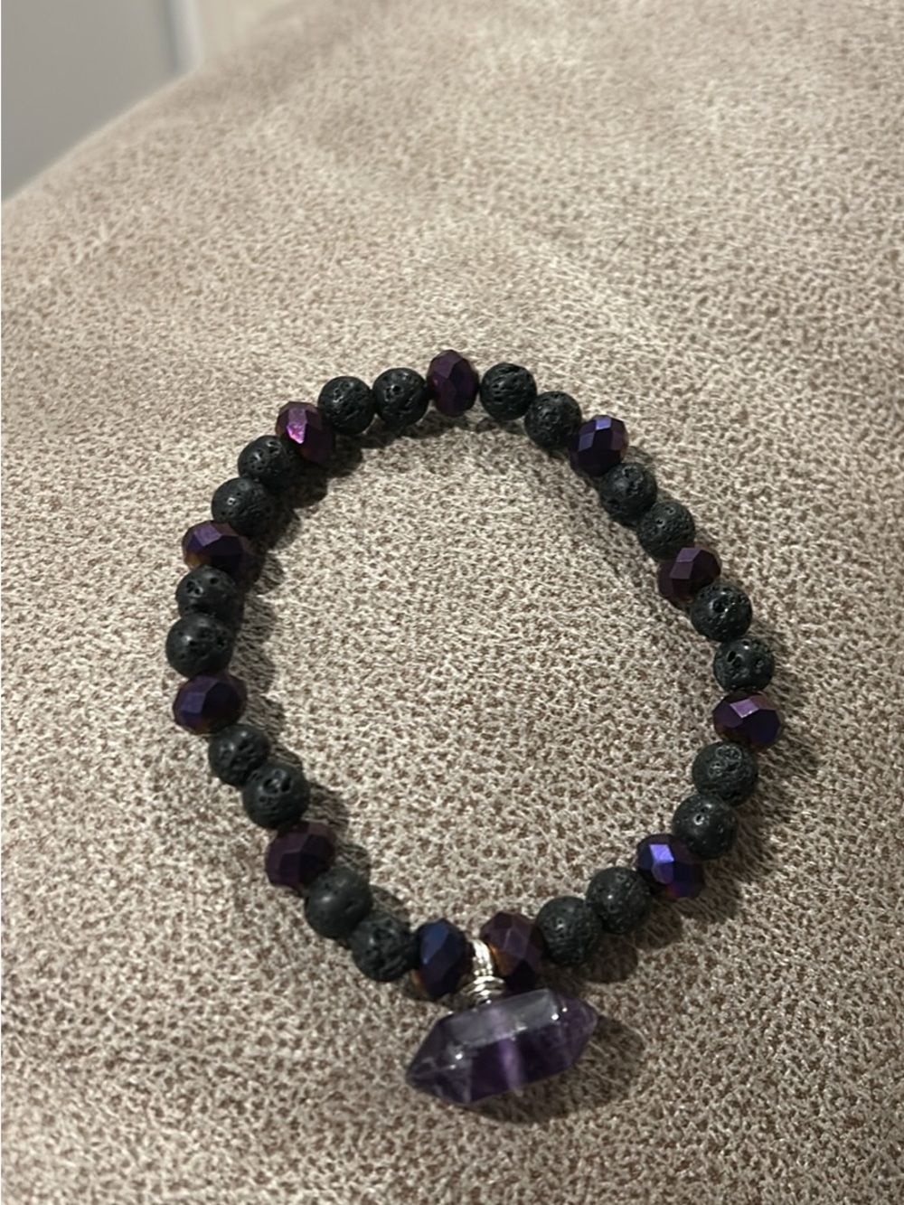 Amethyst-Tone Lava Stone Beaded Bracelet with Pendant
